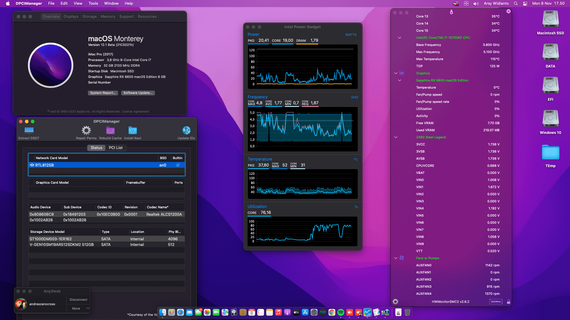 Success Hackintosh macOS Monterey 12.1 Beta Build 21C5021h in Asrock Z490 Steel Legend + Intel Core i7 10700KF + Sapphire RX 6600